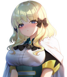 Rule 34 | 1girl, black bow, blonde hair, blue eyes, blunt bangs, blush, bow, breasts, elf, gradient background, hair bow, hair ornament, large breasts, looking at viewer, picter, pointy ears, princess connect!, saren (princess connect!), short hair, solo