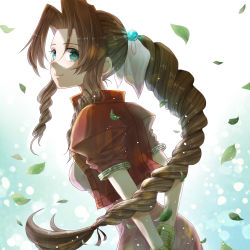 Rule 34 | 1girl, aerith gainsborough, arms behind back, blue eyes, bow, braid, braided ponytail, brown hair, closed mouth, dress, final fantasy, final fantasy vii, floating hair, from side, gumiseijin, hair bow, hair intakes, hair ornament, hair ribbon, jacket, long hair, open clothes, open jacket, pink dress, ponytail, red jacket, red ribbon, ribbon, short sleeves, smile, solo, very long hair, white background, white bow