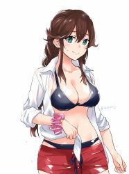 Rule 34 | 1girl, bikini, bikini under clothes, black bikini, braid, breasts, brown hair, cleavage, commentary request, cowboy shot, dress shirt, fugu custom, green eyes, highres, kantai collection, large breasts, mixed-language commentary, noshiro (kancolle), one-hour drawing challenge, open clothes, open shirt, red shorts, shirt, shorts, simple background, solo, swept bangs, swimsuit, swimsuit under clothes, twin braids, white background, white shirt