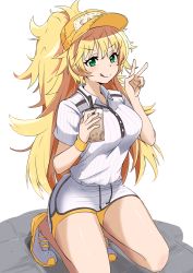 Rule 34 | 1girl, :q, alternate costume, alternate hairstyle, baseball cap, bike shorts, blonde hair, bubble tea, collared shirt, cup, disposable cup, drinking straw, girls&#039; frontline, green eyes, hat, highres, holding, holding cup, kneeling, long hair, looking at viewer, messy hair, ponytail, renfuu, s.a.t.8 (girls&#039; frontline), shirt, shoes, short sleeves, shorts, shorts under skirt, skirt, smile, solo, tongue, tongue out, v, white shirt, white skirt, yellow hat, yellow shorts