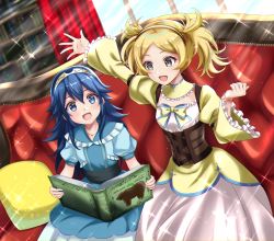 Rule 34 | 2girls, :d, aged down, alternate costume, aunt and niece, blonde hair, blue dress, blue eyes, blue hair, book, dress, fire emblem, fire emblem awakening, grey eyes, hair between eyes, highres, holding, holding book, indoors, kakiko210, lissa (fire emblem), long hair, long sleeves, lucina (fire emblem), multiple girls, nintendo, open mouth, princess, short sleeves, sitting, smile, twintails, wide sleeves, yellow dress
