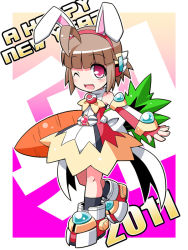 Rule 34 | 10s, 1girl, 2011, ahoge, animal ears, bare shoulders, blush, boots, brown hair, carrot, dress, elbow gloves, eyebrows, fake animal ears, fingerless gloves, gloves, hairband, happy new year, looking at viewer, new year, one eye closed, original, outstretched arm, pink eyes, rabbit ears, short hair, socks, solo, winged hair ornament, yuuno