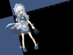 Rule 34 | 1girl, akakage red, between fingers, braid, female focus, holding, izayoi sakuya, knife, red (artist), resized, short hair, silver hair, solo, throwing knife, touhou, twin braids, weapon
