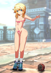 Rule 34 | 1boy, artist request, blonde hair, blue eyes, blush, bridget (guilty gear), erection, guilty gear, guilty gear strive, highres, long hair, looking at viewer, male focus, naked ribbon, nipples, nude, penis, penis ribbon, ribbon, shiny skin, smile, solo, testicles, trap