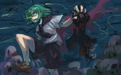 Rule 34 | 1girl, antennae, black cape, black shorts, blood, brown footwear, cape, collared shirt, commentary request, eye trail, foot out of frame, glowing, glowing eye, green eyes, green hair, kijima (amayadori-tei), light trail, looking at viewer, open mouth, pile of skulls, red cape, shirt, shoes, short hair, short sleeves, shorts, skull, solo, touhou, two-sided cape, two-sided fabric, white shirt, wriggle nightbug