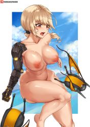 Rule 34 | 1girl, blonde hair, blue skirt, breasts, clothes theft, cloud, cyborg, dutch angle, eri (uragoner), highres, large breasts, mechanical arms, mountainous horizon, narrow waist, navel, nipples, nude, ocean, open mouth, red eyes, short hair, single mechanical arm, skirt, sweat, swimsuit theft, theft, thighs, uragoner, velminth