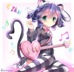 Rule 34 | 10s, 1girl, animal ears, bad id, bad pixiv id, beamed quavers, blue hair, blush, cat ears, cat tail, character name, curly hair, cyan (show by rock!!), gradient background, green eyes, guitar, heart, heart guitar, heart tail, instrument, looking at viewer, musical note, natuna natu, quaver, show by rock!!, sketch, solo, strawberry heart (show by rock!!), striped clothes, striped thighhighs, tail, tears, thighhighs, twitter username