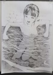 Rule 34 | 1girl, blush, breasts, completely nude, gagaimo, graphite (medium), greyscale, highres, looking at viewer, medium breasts, medium hair, monochrome, nude, onsen, open mouth, original, partially submerged, photo (medium), smile, solo, traditional media, water, wet