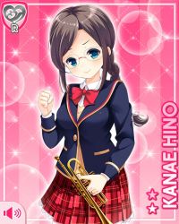 Rule 34 | blouse, blue eyes, blue jacket, bow, braid, braided ponytail, brown hair, card (medium), character name, clenched hand, closed mouth, girlfriend (kari), glasses, hino kanae, instrument, jacket, music, official art, pink background, plaid, plaid skirt, qp:flapper, red bow, red skirt, school uniform, shirt, skirt, smile, sweater vest, tagme, trumpet, v-shaped eyebrows, white shirt