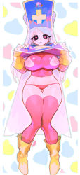 Rule 34 | 1girl, absurdres, aqua hair, blue hat, blush, bodysuit, boots, border, breasts, clothes lift, clothing cutout, commentary, cross, cross print, curvy, dragon quest, dragon quest iii, full body, gloves, hat, heart, heart-shaped pupils, highres, large breasts, liba (leo8d), lifted by self, long hair, long sleeves, looking at viewer, midriff, mitre, navel, nipples, plump, priest (dq3), print headwear, red thighhighs, revealing clothes, simple background, skin tight, solo, stomach, symbol-shaped pupils, tabard, thick thighs, thigh gap, thighhighs, thighs, yellow eyes, yellow gloves