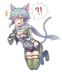Rule 34 | 10s, 1girl, animal ears, ankle boots, bad id, bad pixiv id, blue eyes, blue hair, boots, cat ears, fingerless gloves, g.t, gloves, kemonomimi mode, paw pose, scarf, short hair, short shorts, shorts, simple background, sinon, sinon (sao-alo), sword art online, thighhighs