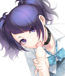 Rule 34 | 1girl, blue bow, bow, choker, commentary request, cum, diagonal bangs, fellatio, food, holding, ice cream, idolmaster, idolmaster shiny colors, looking at viewer, oral, penis, phallic symbol, popsicle, purple eyes, purple hair, shirt, simulated fellatio, skirt, solo focus, sunaba suzume, tagme, tanaka mamimi, tongue, tongue out, twintails, white background, white shirt