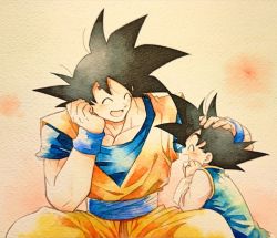 Rule 34 | 2boys, ^ ^, beige background, black hair, child, chinese clothes, closed eyes, dougi, dragon ball, dragonball z, elbow rest, facing away, facing viewer, father and son, fingernails, hand on another&#039;s head, head rest, headpat, highres, laughing, light blush, male focus, mattari illust, multiple boys, open mouth, pectorals, profile, simple background, son goku, son goten, spiked hair, wide sleeves, wristband