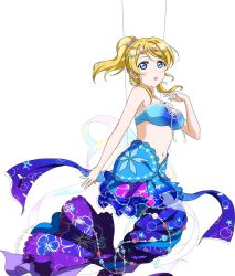 Rule 34 | 10s, 1girl, :o, ayase eli, bare shoulders, bikini, bikini top only, blonde hair, blue eyes, blush, breasts, circlet, cleavage, earrings, jewelry, long hair, looking at viewer, love live!, love live! school idol festival, love live! school idol project, mermaid, monster girl, navel, official art, open mouth, ponytail, smile, solo, strapless, strapless bikini, swimsuit, third-party edit, transparent background