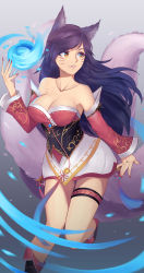 Rule 34 | 1girl, ahri (league of legends), animal ears, bare shoulders, black hair, breasts, cleavage, collarbone, facial mark, fox ears, fox girl, fox tail, half-closed eyes, hentaki, highres, korean clothes, large breasts, league of legends, leg up, looking to the side, makeup, mascara, nail polish, off shoulder, orb, parted lips, red nails, slit pupils, solo, strapless, tail, whisker markings, yellow eyes