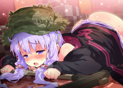 Rule 34 | 1girl, animal print, ass, blush, camouflage, camouflage headwear, cave, exhausted, fang, half-closed eyes, hat, hood, hoodie, leaf, low twintails, minecraft, open mouth, panties, petenshi (dr. vermilion), pickaxe, purple eyes, purple hair, purple panties, rabbit print, short hair with long locks, solo, sweatdrop, twintails, underwear, vocaloid, voiceroid, yuzuki yukari