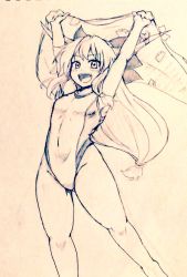 Rule 34 | 1girl, alternate costume, arms up, bare legs, bow, breasts, commentary request, competition swimsuit, covered navel, cowboy shot, d-m (dii emu), eyelashes, greyscale, hair bow, holding, holding towel, horns, ibuki suika, long hair, looking at viewer, monochrome, one-piece swimsuit, oni horns, open mouth, swimsuit, touhou, towel, traditional media, very long hair