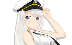 Rule 34 | 1girl, arm up, azur lane, bare arms, bare shoulders, black necktie, blush, breasts, closed mouth, collared shirt, commentary request, dress shirt, enterprise (azur lane), hair between eyes, hand on headwear, hat, highres, large breasts, long hair, looking at viewer, military hat, necktie, peaked cap, purple eyes, romaji commentary, shirt, silver hair, simple background, sleeveless, sleeveless shirt, smile, solo, upper body, white background, white hat, white shirt, yuujoduelist