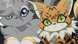 Rule 34 | 2others, blue eyes, cat, digimon, digimon (creature), green eyes, highres, looking at viewer, meicoomon, multiple others, original