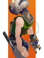 Rule 34 | 1girl, absurdres, arms at sides, commentary request, crop top, helmet, highres, orange background, original, prosthesis, prosthetic arm, science fiction, short hair, sleeveless, solo, two-tone background, white background, white hair, yunimaru