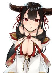 Rule 34 | 1girl, :3, animal print, bad id, bad pixiv id, black hair, blush, bra, breasts, cleavage, collarbone, covered erect nipples, cow horns, cow print, detached sleeves, earrings, highres, horn ornament, horn ribbon, horns, japanese clothes, jewelry, large breasts, leaning forward, long hair, long sleeves, looking at viewer, mole, mole on breast, re:act, red bra, red eyes, ribbon, samiharu, shrug (clothing), simple background, skirt, smile, solo, underwear, ushio tia, v arms, very long hair, virtual youtuber, white background, white skirt, wide sleeves, yellow ribbon