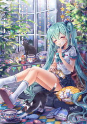Rule 34 | 1girl, absurdres, ahoge, aqua hair, blush, book, bow, bowtie, brick wall, cat, cup, closed eyes, finger to mouth, flower, grin, hair between eyes, hatsune miku, highres, hydrangea, indoors, jewelry, long hair, pleated skirt, ring, school uniform, serafuku, sitting, skirt, slippers, smile, socks, star (symbol), stretching, teacup, twintails, very long hair, vocaloid, window, yawning, zenyu