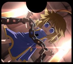 Rule 34 | 1girl, ahoge, blonde hair, blue eyes, chain, cuffs, fairy, false island, fang, female focus, kso, meyuu (kso), open mouth, original, pointy ears, smile, solo, you gonna get raped