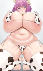 Rule 34 | 1girl, @ @, animal print, areola slip, aura (sousou no frieren), bikini, blue eyes, blush, braid, breasts, cameltoe, chomikuplus, cleavage, cow print, cow print bikini, cow print thighhighs, curvy, demon girl, demon horns, elbow gloves, from below, gigantic breasts, gloves, gluteal fold, groin, head tilt, highres, horns, huge breasts, kneeling, lactation, lactation through clothes, large areolae, looking at viewer, mind control, navel, parted lips, pink hair, print bikini, print thighhighs, ringed eyes, shiny skin, skindentation, solo, sousou no frieren, squatting, steaming body, sweat, swimsuit, tag, thick thighs, thighhighs, thighs, twin braids, white background, white gloves, white thighhighs, wide hips