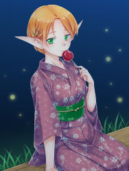 Rule 34 | 1girl, candy apple, commentary request, elf, food, gensou suikoden, gensou suikoden iv, green eyes, hair ornament, hairclip, ham pon, highres, japanese clothes, kimono, light blush, looking at viewer, night, obi, on bench, orange hair, pointy ears, purple kimono, sash, short hair, sitting, solo