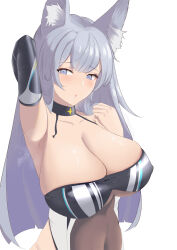 Rule 34 | 1girl, absurdres, animal ear fluff, armpits, azur lane, black choker, breasts, choker, cleavage, clothing cutout, elbow gloves, fox girl, gloves, grey eyes, grey hair, highres, huge breasts, long hair, looking at viewer, official alternate costume, presenting armpit, race queen, shinano (azur lane), shinano (dreams of the hazy moon) (azur lane), simple background, solo, spice ry, stomach cutout, upper body