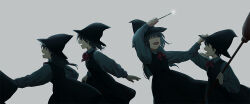 Rule 34 | 4girls, arm up, black hair, blunt bangs, bow, bowtie, broom, chasing, cowboy shot, dress, excited, from side, grey background, hand on headwear, hand up, hat, holding, holding broom, holding wand, kimonogo, long hair, low-tied long hair, multiple girls, no eyes, open mouth, original, out of frame, outstretched arm, pinafore dress, profile, red bow, red bowtie, running, school uniform, shirt, short hair, simple background, skirt hold, sleeveless, sleeveless dress, smile, wand, white shirt, witch, witch hat