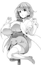 Rule 34 | 10s, 1girl, bouncing breasts, breasts, commentary request, greyscale, hair ornament, hairclip, heart hair ornament, huge breasts, jumping, lab coat, legs, midair, monochrome, narusawa ryouka, occultic;nine, school uniform, short hair, simple background, skirt, soba (saz), solo, thighhighs, thighs, white background