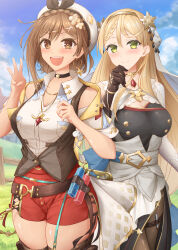 Rule 34 | 2girls, :d, absurdres, atelier (series), atelier ryza, atelier ryza 3, belt, black choker, black skirt, blonde hair, blue sky, blush, braid, breasts, brown belt, brown eyes, brown gloves, brown hair, brown pantyhose, brown thighhighs, brown vest, choker, cloud, collared shirt, commentary request, day, detached sleeves, dress, earrings, fence, flower, gloves, grass, green eyes, hair flower, hair ornament, hand on own chin, highres, holster, hoop earrings, jacket, jewelry, klaudia valentz, large breasts, long hair, long skirt, looking at viewer, middle w, multiple girls, necklace, open mouth, outdoors, pantyhose, red shorts, reisalin stout, satsuki (mikatsuki), shirt, short hair, short shorts, shorts, single earring, skirt, sky, sleeveless, sleeveless jacket, sleeveless shirt, smile, star (symbol), star choker, thigh holster, thighhighs, vest, w, white headdress, white shirt, white sleeves, wooden fence, yellow jacket