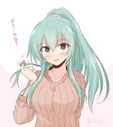 Rule 34 | 1girl, alternate hairstyle, breasts, brown sweater, collarbone, commentary request, cosplay, green eyes, green hair, kantai collection, large breasts, long hair, looking at viewer, playing with hair, ponytail, ribbed sweater, shizuna kaede, solo, suzuya (kancolle), sweater, translated, two-tone background, upper body, yamato (kancolle), yamato (kancolle) (cosplay)