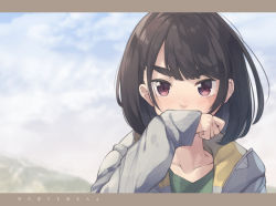 Rule 34 | aioi aoi (sora no aosa o shiru hito yo), black hair, blue sky, blush, cloud, cloudy sky, collarbone, commentary request, copyright name, covered mouth, day, green shirt, grey jacket, hand up, hood, hood down, hooded jacket, jacket, long sleeves, looking at viewer, natsuki teru, nose blush, open clothes, open jacket, outdoors, red eyes, shirt, sky, sleeves past wrists, solo, sora no aosa o shiru hito yo, thick eyebrows, translation request