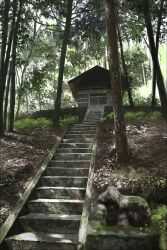 Rule 34 | building, commentary request, dappled sunlight, day, forest, grass, highres, moss, naohiro, nature, no humans, original, outdoors, scenery, stairs, statue, sunlight, tree