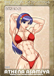 Rule 34 | 1girl, abs, arms behind head, asamiya athena, bikini, breasts, female focus, muscular, psycho soldier, purple eyes, purple hair, ren (tainca2000), smile, snk, solo, star (symbol), swimsuit, the king of fighters