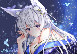 Rule 34 | 1girl, absurdres, animal ear fluff, animal ears, armpit crease, azur lane, bare shoulders, blue background, blue butterfly, blue kimono, blunt bangs, blush, breasts, bug, butterfly, cleavage, commentary request, fox ears, hair between eyes, hand up, highres, insect, japanese clothes, kimono, large breasts, long hair, looking at viewer, nako nya, off shoulder, print kimono, purple eyes, shinano (azur lane), sidelocks, signature, silver hair, solo, upper body, very long hair