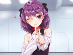 Rule 34 | 1girl, bare shoulders, blush, bow, detached sleeves, fate/grand order, fate (series), flat chest, hair bow, heart, helena blavatsky (fate), index finger raised, ka (mauve p), koi dance, long hair, looking at viewer, one eye closed, purple eyes, purple hair, short hair, smile, solo, strapless, sefirot