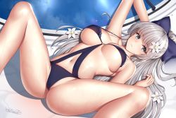 Rule 34 | 1girl, azur lane, blue bow, blue one-piece swimsuit, blush, bow, breasts, cameltoe, cleft of venus, day, flower, grey eyes, hair bow, hair flower, hair ornament, highres, large breasts, long hair, looking at viewer, lying, navel, official alternate costume, on back, one-piece swimsuit, outdoors, parted lips, ponytail, silver hair, slingshot swimsuit, solo, spread legs, swimsuit, thighs, very long hair, vittorio veneto (azur lane), vittorio veneto (the flower of la spezia) (azur lane), wet, white flower, wsman