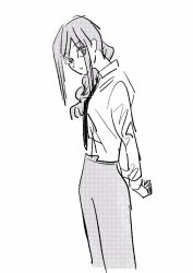 Rule 34 | 1girl, @ @, arms behind back, braid, braided ponytail, chainsaw man, collared shirt, female focus, highres, kumanesque, long hair, long sleeves, looking back, makima (chainsaw man), monochrome, necktie, pants, shirt, sidelocks, sketch, sleeves past elbows, solo, unusual pupils, white background