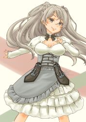 Rule 34 | 1girl, absurdres, breasts, brown eyes, cleavage, cleavage cutout, clothing cutout, conte di cavour (kancolle), corset, cowboy shot, dress, frilled dress, frills, grey dress, grey hair, highres, kantai collection, large breasts, layered dress, long hair, long sleeves, looking at viewer, pot-de, smile, solo, two-tone dress, two side up, white background, white dress