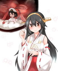 Rule 34 | 2girls, black hair, blush, cross-section, detached sleeves, closed eyes, female focus, fork, hairband, haruna (kancolle), hat, inside creature, japanese clothes, kantai collection, long hair, multiple girls, nekosu (nfxgs227), size difference, smile, vore
