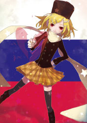 Rule 34 | 1girl, bad id, bad pixiv id, black thighhighs, blonde hair, boots, finger gun, fur hat, hair ornament, hairclip, hat, headphones, highres, jacket, kagamine rin, kairinn0952, knee boots, pointing, psycho-puzzle, red eyes, russian flag, scarf, skirt, solo, star (symbol), thighhighs, ushanka, vocaloid