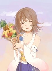 Rule 34 | 1girl, :d, apple, banana, berry, blue skirt, breasts, brown hair, cleavage, closed eyes, collarbone, detached sleeves, final fantasy, final fantasy x, food, fruit, gradient background, gradient sleeves, grapes, hair between eyes, happy, highres, japanese clothes, kimono, light blush, medium breasts, open mouth, pear, pineapple, ribbon trim, short hair, skirt, smile, solo, strawberry, teeth, upper teeth only, virno, wide sleeves, yuna (ff10)