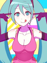 Rule 34 | 1girl, blue eyes, blue hair, breasts, cleavage, cosplay, crossover, elbow gloves, gloves, hatsune miku, highres, long hair, me!me!me!, meme (me!me!me!) (cosplay), tongue, tongue out, traineralli, twintails, vocaloid