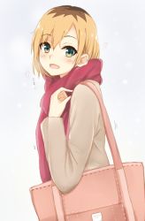 Rule 34 | 1girl, :d, blonde hair, brown hair, coat, from side, green eyes, grey coat, hair between eyes, long sleeves, looking at viewer, miyamori aoi, multicolored hair, open mouth, red scarf, roots (hair), scarf, shirobako, short hair, simple background, smile, solo, standing, tahita1874, two-tone hair, upper body, white background