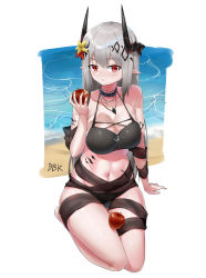 Rule 34 | 1girl, absurdres, apple, arknights, arm support, bare arms, bare legs, bare shoulders, bbk (bbkbebek7), bikini, black bikini, black choker, breasts, choker, cleavage, commentary, flower, food, fruit, hair flower, hair ornament, hand up, highres, holding, holding food, holding fruit, horns, jewelry, large breasts, long hair, looking at viewer, material growth, mudrock (arknights), mudrock (silent night) (arknights), navel, necklace, official alternate costume, oripathy lesion (arknights), parted lips, pointy ears, red eyes, red flower, seiza, silver hair, simple background, sitting, solo, stomach, swimsuit, thighs, water, white background, yellow flower