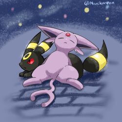 Rule 34 | black eyes, closed mouth, colored sclera, creatures (company), espeon, forehead jewel, forked tail, game freak, gen 2 pokemon, lying, nanikoreon, nintendo, open mouth, pokemon, pokemon (creature), purple hair, red sclera, sidelocks, solo, tail, umbreon