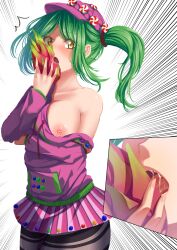 Rule 34 | 1girl, bare shoulders, blush, breasts, breasts out, collarbone, drooling, eating, eyelashes, food, fortnite, green eyes, green hair, harikonoma, hat, highres, holding, holding food, hood, hooded jacket, hoodie, jacket, looking at viewer, medium breasts, motion lines, nipples, open mouth, pink hoodie, pink jacket, pink skirt, raised eyebrows, saliva, saliva trail, short hair, short twintails, skirt, tagme, thighhighs, tongue, twintails, yellow eyes, zoey (fortnite)